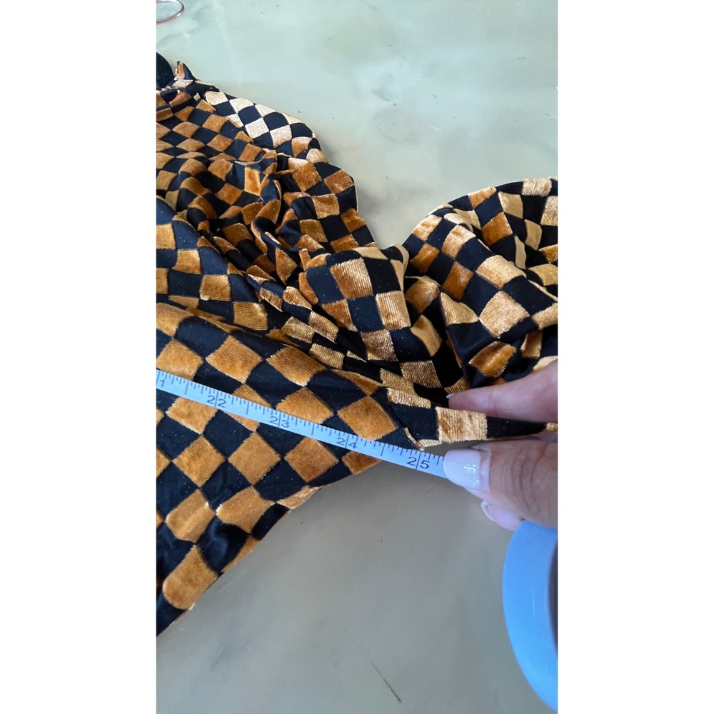 Velvet Checkered Mock Neck Top Mustard Black Boho Western XL